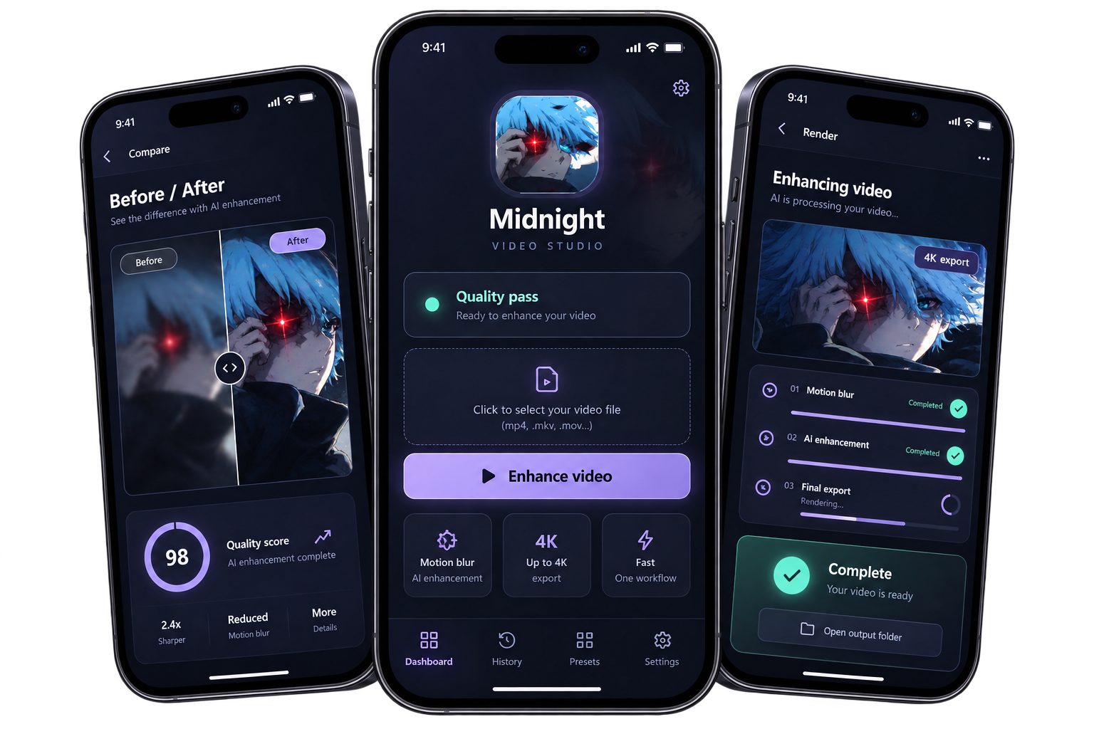Three Midnight Zaos Quality app screens showing comparison, enhancement and 4K export